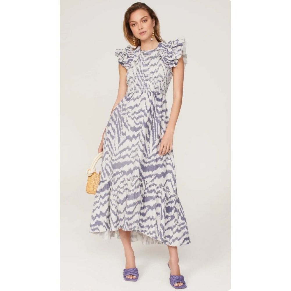 Saylor Pilar Blue White Ikat Zebra Smocked Ruffle High Low Maxi Dress Sleeveless
